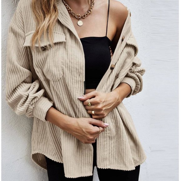 Flap Pocket Drop Shoulder Corduroy Shacket - Picture 1 of 9
